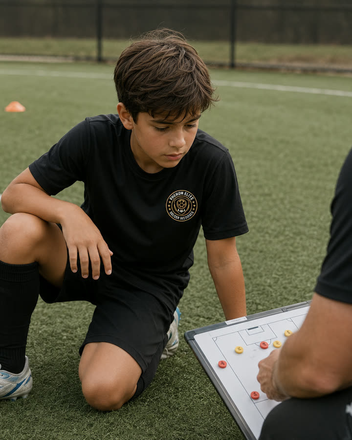 A player working through a coach's tactics board on the field