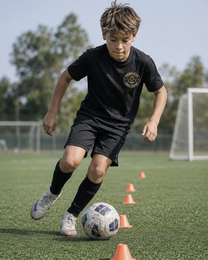 A player driving the ball through a line of cones