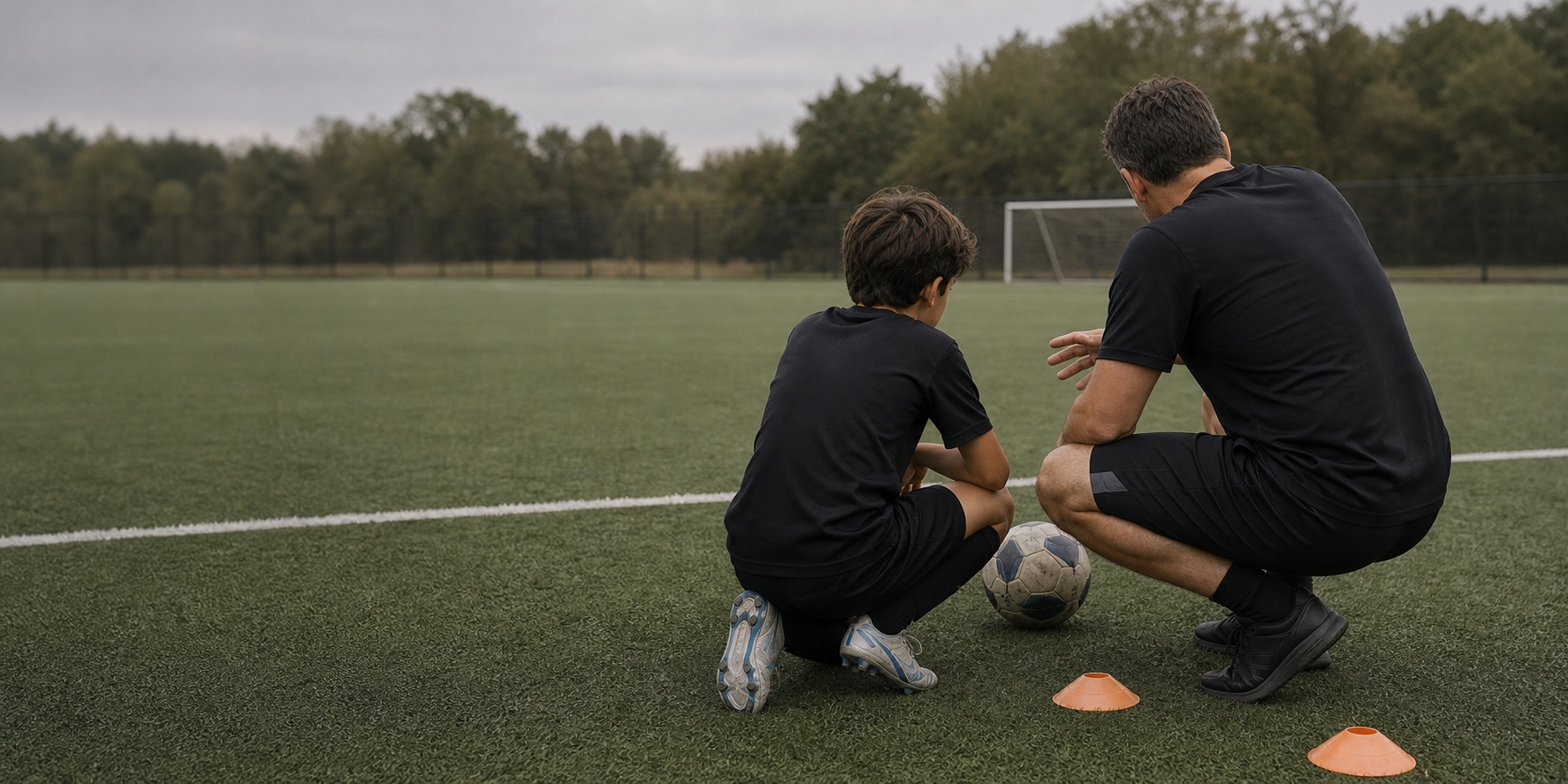 A coach speaking with a youth player during a one-to-one field session